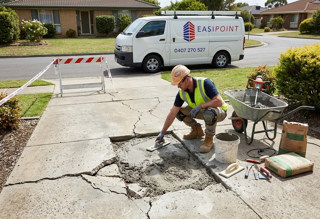 a construction worker standing next to a driveway that is broker and needs concrete repairs. The worksman is applying a concrete mix to the driveway.
