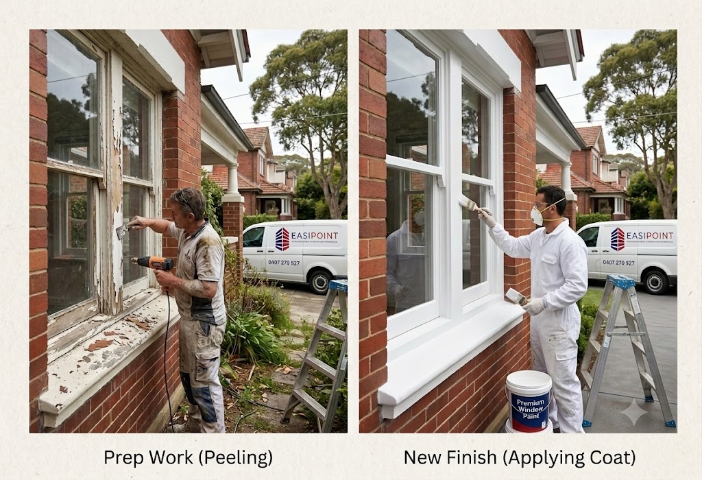 Window paint Sydney — tradesman applying a fresh coat to a timber window frame